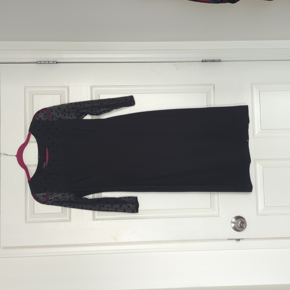 Talbots Ponte Black Dress with Mesh Polkadot Sleeve